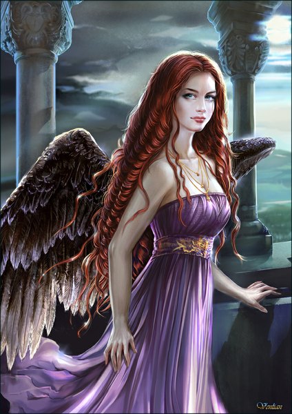 Anime picture 724x1024 with original venlian single long hair tall image brown hair bare shoulders green eyes sky cloud (clouds) light smile lips realistic lipstick angel wings curly hair girl dress wings pendant