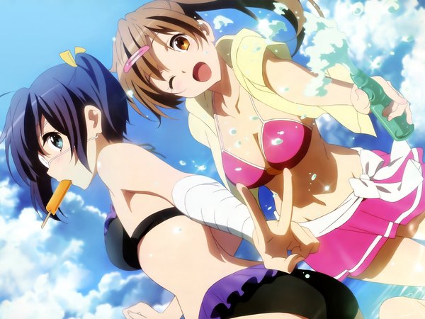 Anime picture 2133x1600 with chuunibyou demo koi ga shitai! kyoto animation takanashi rikka nibutani shinka makita masaya long hair blush highres breasts open mouth blue eyes light erotic brown hair multiple girls brown eyes sky purple hair cloud (clouds) one eye closed wink