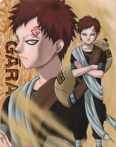 Anime picture 1200x1516 with naruto studio pierrot naruto (series) gaara tall image looking at viewer short hair smile green eyes red hair scan inscription crossed arms sand jinchuriki boy pitcher