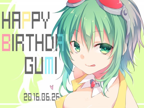 Anime picture 800x600 with vocaloid gumi kuroi (liar-player) single looking at viewer fringe short hair hair between eyes bare shoulders green eyes payot green hair character names dated portrait :q happy birthday goggles on head girl heart