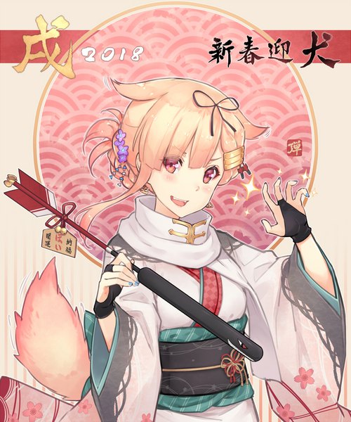 Anime-Bild 960x1152 mit kantai collection yuudachi destroyer dan (kumadan) single long hair tall image looking at viewer open mouth blonde hair smile red eyes holding animal ears upper body tail nail polish traditional clothes :d japanese clothes animal tail