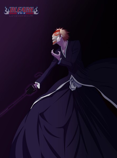 Anime picture 2220x3000 with bleach studio pierrot kurosaki ichigo aconst single tall image highres short hair japanese clothes profile orange hair inscription coloring black background boy weapon sword belt kimono katana