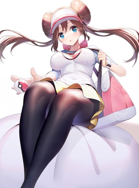 Anime picture 885x1200 with pokemon pokemon black and white nintendo rosa (pokemon) ririko (zhuoyandesailaer) single long hair tall image looking at viewer blush fringe breasts open mouth blue eyes simple background hair between eyes brown hair white background sitting twintails
