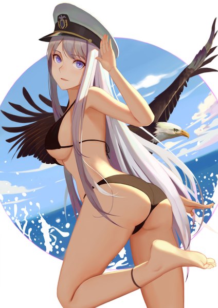 Anime picture 980x1386 with azur lane enterprise (azur lane) kamikakushi no ocarino single long hair tall image looking at viewer blush fringe breasts open mouth blue eyes light erotic standing bare shoulders sky silver hair cloud (clouds) bent knee (knees) ass