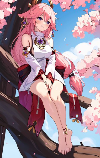 Anime picture 2224x3501 with genshin impact yae miko yabu q single tall image blush fringe highres smile hair between eyes sitting purple eyes bare shoulders animal ears looking away pink hair sky cloud (clouds) full body outdoors