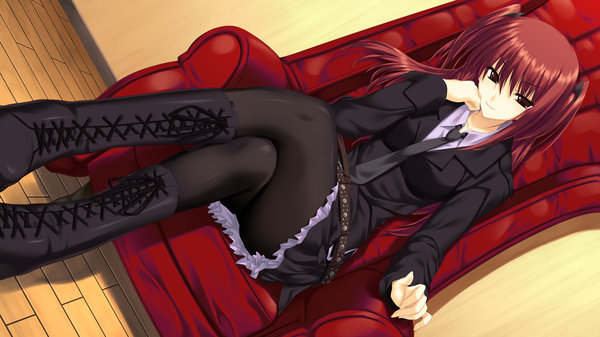 Anime picture 1024x576 with nekonade distortion nanakase yui single long hair wide image sitting twintails brown eyes game cg red hair crossed legs short twintails head rest girl boots armchair