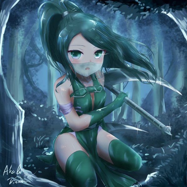 Anime picture 1000x1000 with league of legends akali (league of legends) kinom single long hair looking at viewer blush light erotic green eyes ponytail green hair girl gloves underwear panties weapon plant (plants) tree (trees) transparent clothing forest