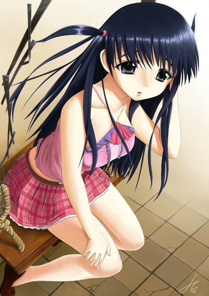 Anime picture 1228x1743 with school rumble tsukamoto tenma yamikou (farixsanq) single long hair tall image open mouth black hair pleated skirt from above black eyes girl swing