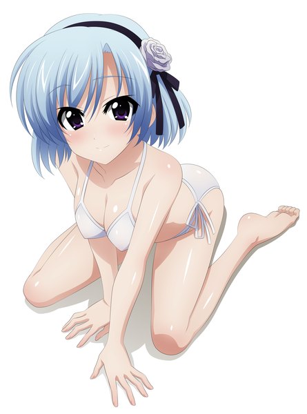Anime picture 5091x6864 with tantei opera milky holmes henriette mystere wave ride single tall image looking at viewer blush highres short hair breasts light erotic simple background smile white background purple eyes blue hair absurdres girl swimsuit bikini