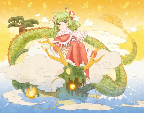 Anime picture 2200x1720 with original abe kanari single blush highres short hair smile sitting green eyes ahoge horn (horns) green hair girl hair ornament pantyhose scarf dragon