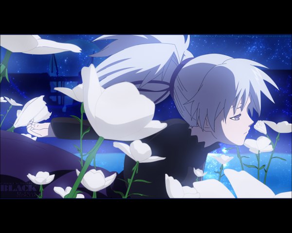 Anime picture 1280x1024 with darker than black studio bones yin (darker than black) looking away white hair ponytail dress flower (flowers)
