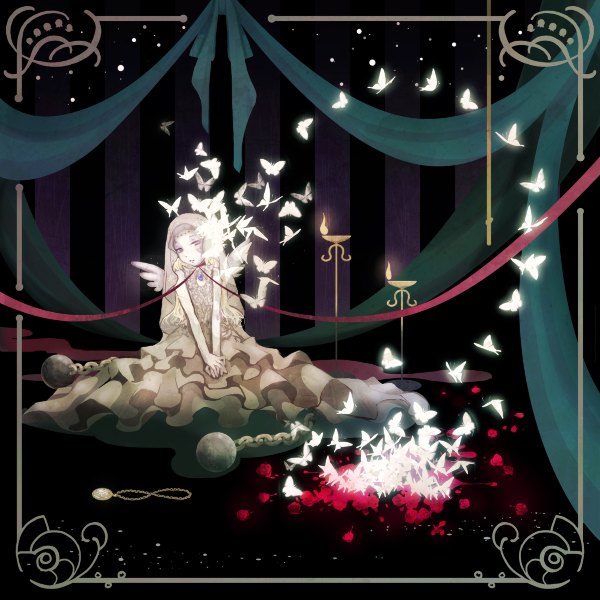 Anime picture 1200x1200 with original funakura single long hair blonde hair sitting bare shoulders girl dress flower (flowers) ribbon (ribbons) wings white dress rose (roses) pendant insect butterfly veil candle (candles) shackles
