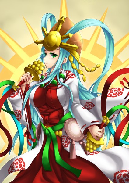 Anime picture 1200x1696 with fi-san single long hair tall image looking at viewer blush breasts large breasts japanese clothes profile aqua hair girl flower (flowers) ribbon (ribbons) hat kimono bell jingle bell sun kagura suzu
