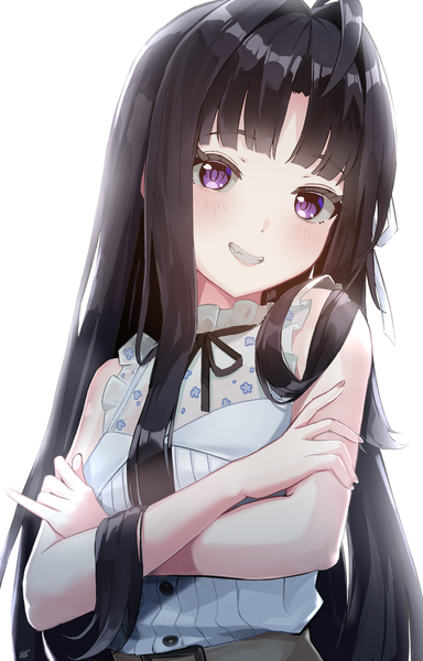 Anime picture 2084x3260 with girls band cry toei animation awa subaru masada mode single long hair tall image looking at viewer blush highres black hair simple background smile white background purple eyes upper body ahoge sleeveless grin crossed arms