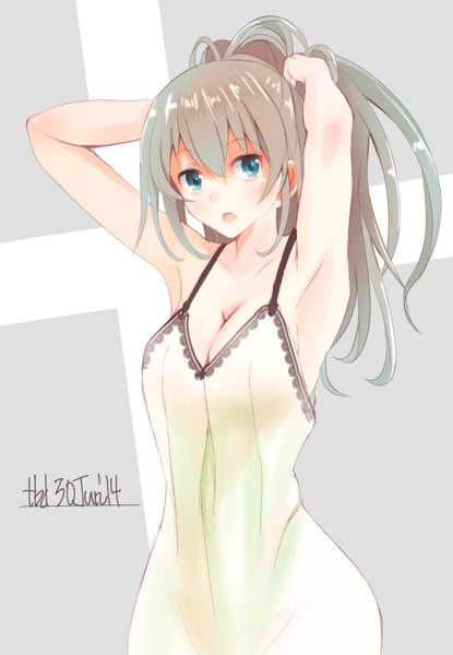 Anime picture 2076x3000 with kantai collection kumano heavy cruiser tebi (tbd11) single long hair tall image looking at viewer blush highres breasts open mouth light erotic simple background brown hair white background signed cleavage ponytail aqua eyes grey background