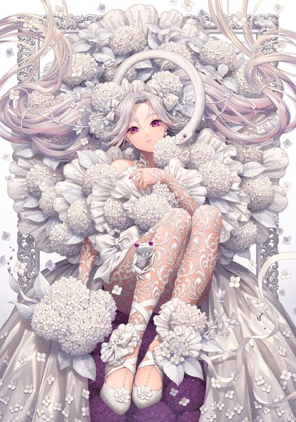 Anime picture 3136x4459 with original minami (minami373916) single long hair tall image looking at viewer fringe highres hair between eyes twintails absurdres full body bent knee (knees) white hair lying nail polish pink eyes fingernails from above sparkle