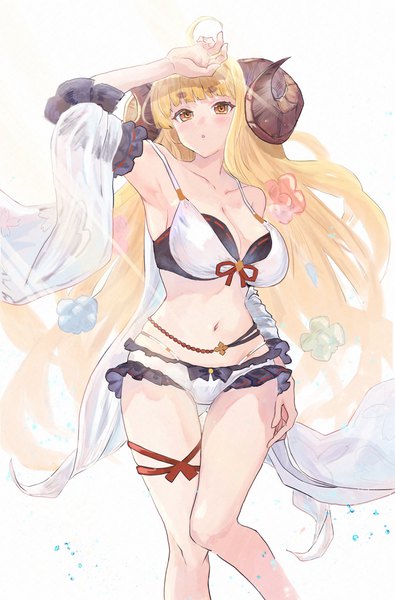 Anime picture 2699x4096 with granblue fantasy anila (granblue fantasy) ruwo benzen single long hair tall image fringe highres breasts light erotic simple background blonde hair large breasts yellow eyes ahoge blunt bangs horn (horns) sunlight looking up eyebrows