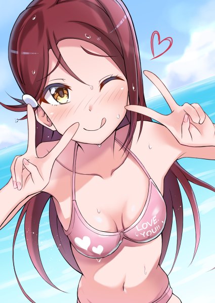 Anime picture 850x1200 with love live! sunshine!! sunrise (studio) love live! sakurauchi riko aranami shibuki single long hair tall image looking at viewer blush fringe breasts light erotic standing bare shoulders yellow eyes payot sky cleavage cloud (clouds)