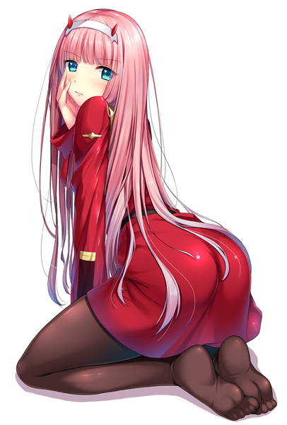 Anime picture 772x1139 with darling in the franxx studio trigger zero two (darling in the franxx) yoruda single long hair tall image blush fringe blue eyes light erotic simple background white background pink hair full body ass blunt bangs looking back horn (horns) no shoes