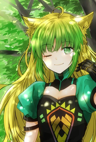 Anime picture 600x888 with fate (series) fate/grand order fate/apocrypha atalanta (fate) 55yayu single long hair tall image looking at viewer fringe breasts blonde hair smile hair between eyes green eyes animal ears payot cleavage upper body ahoge