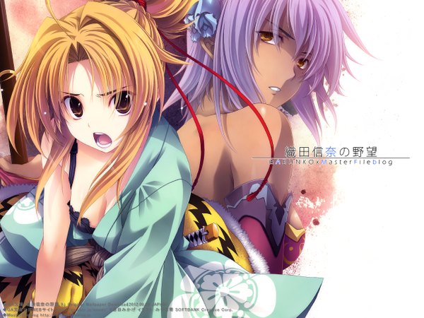 Anime picture 1280x960 with oda nobuna no yabou oda nobuna matsunaga hisahide (oda nobuna no yabou) long hair short hair open mouth blonde hair bare shoulders multiple girls brown eyes purple hair traditional clothes girl 2 girls