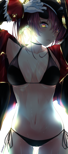 Anime-Bild 3600x8100 mit virtual youtuber hololive houshou marine chark14 single tall image looking at viewer blush fringe highres short hair breasts light erotic smile hair between eyes red eyes large breasts standing twintails holding