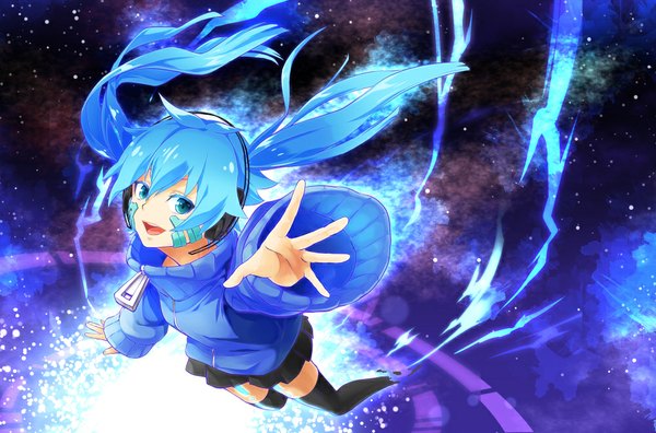 Anime picture 1000x661 with kagerou project shaft (studio) ene (kagerou project) tyone yyo single long hair fringe open mouth blue eyes smile twintails blue hair long sleeves wide sleeves outstretched arm facial mark spread arms girl thighhighs
