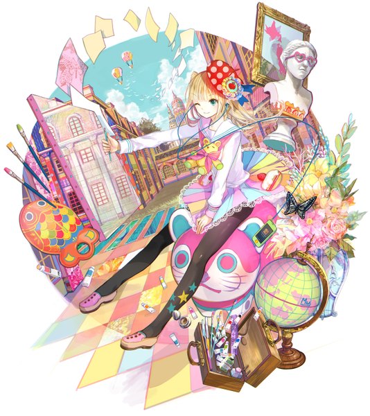 Anime picture 1337x1500 with original fuzichoco long hair tall image blue eyes blonde hair white background cloud (clouds) upper body one eye closed light smile wink checkered floor floor star print girl dress flower (flowers) pantyhose glasses