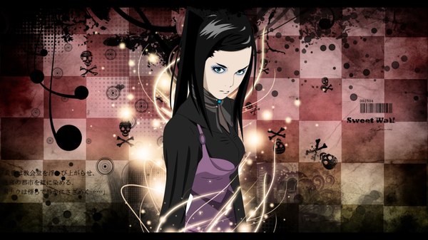 Anime picture 1920x1080 with ergo proxy re-l mayer tagme (artist) single long hair looking at viewer highres blue eyes black hair wide image eyeshadow glow checkered checkered background skull and crossbones girl barcode