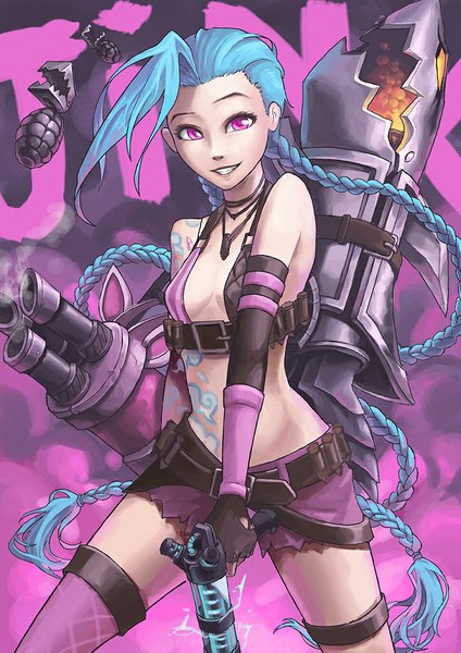 Anime picture 724x1024 with league of legends jinx (league of legends) oopartz (grooooovy) single tall image looking at viewer light erotic smile blue hair very long hair pink eyes tattoo girl weapon shorts belt gun grenade launcher