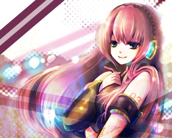 Anime picture 1280x1024 with vocaloid megurine luka nobu yan long hair smile bare shoulders green eyes pink hair tattoo girl detached sleeves headphones