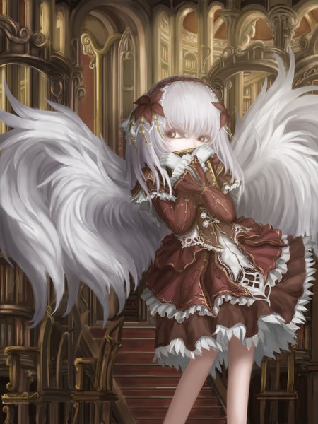 Anime picture 1200x1600 with original rinmmo single long hair tall image fringe hair between eyes standing brown eyes looking away white hair indoors long sleeves covered mouth white wings girl dress gloves wings white gloves