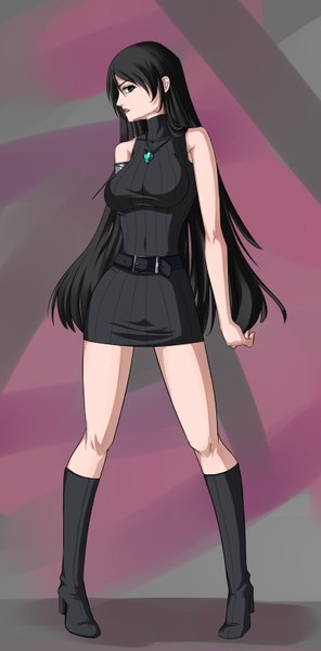 Anime picture 1544x3124 with blazerazgriz (artist) single long hair tall image blue eyes black hair bare shoulders girl shoes belt pendant