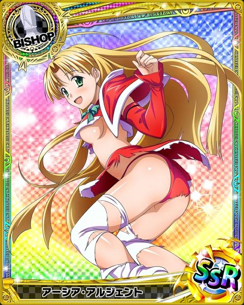 Anime picture 640x800 with highschool dxd asia argento single long hair tall image blush breasts open mouth light erotic blonde hair green eyes ass torn clothes card (medium) girl thighhighs underwear panties detached sleeves white thighhighs