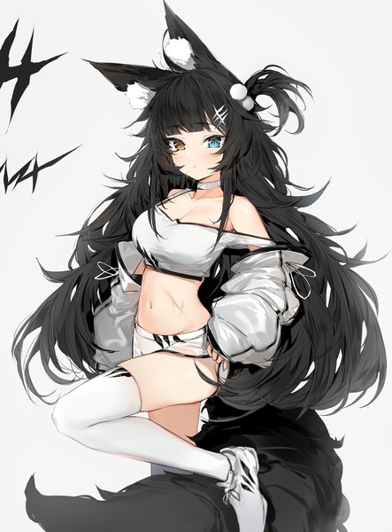 Anime picture 1700x2300 with original silver (chenwen) single long hair tall image looking at viewer blush fringe breasts blue eyes light erotic black hair simple background standing bare shoulders animal ears cleavage bent knee (knees) tail blunt bangs