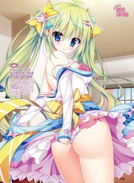 Anime picture 1404x1920 with original melonbooks dengeki moeou melon-chan shiwasu horio single long hair tall image looking at viewer blush fringe breasts blue eyes light erotic hair between eyes standing twintails bare shoulders payot ass