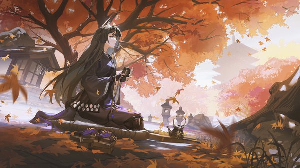 Anime picture 3556x2000 with arknights saga (arknights) ttk (kirinottk) single long hair fringe highres black hair wide image sitting animal ears yellow eyes looking away full body outdoors traditional clothes japanese clothes profile wide sleeves autumn