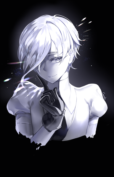 Anime picture 643x1000 with houseki no kuni antarcticite gendo0032 single tall image looking at viewer fringe short hair simple background signed silver hair upper body hair over one eye puffy sleeves black background silver eyes androgynous gloves uniform black gloves