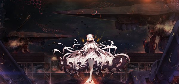 Anime picture 2100x992 with kantai collection midway hime bae.c single looking at viewer highres breasts red eyes wide image cleavage white hair very long hair dark background shinkaisei-kan girl dress hair ornament mask