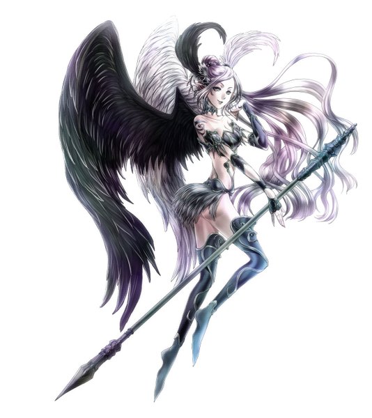 Anime picture 1280x1438 with original o0 uoxou 0o single long hair tall image looking at viewer blue eyes simple background white background holding purple hair light smile pointy ears girl hair ornament weapon wings thigh boots collar spear