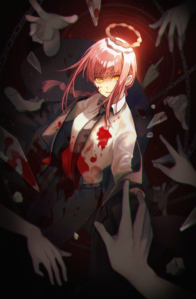 Anime picture 1000x1520 with chainsaw man mappa makima (chainsaw man) imi fumei (imifu-imifu) single long hair tall image looking at viewer fringe yellow eyes payot pink hair braid (braids) from above single braid girl shirt necktie white shirt blood