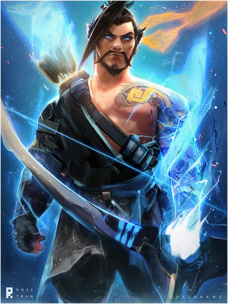 Anime picture 704x937 with overwatch blizzard entertainment hanzo (overwatch) rossdraws (ross tran) single tall image short hair black hair standing bare shoulders signed looking away ponytail realistic tattoo glowing watermark boy weapon bow (weapon)