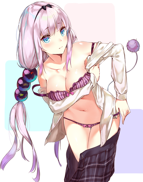 Anime picture 1347x1717 with kobayashi-san chi no maidragon kyoto animation kanna kamui kaerunoko single long hair tall image looking at viewer blush breasts blue eyes light erotic standing twintails payot purple hair tail multicolored hair open clothes leaning