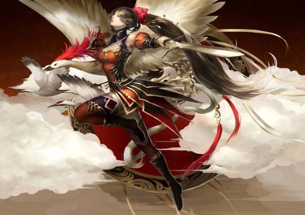 Anime picture 1415x1000 with guolong online youshun (naturaljuice) single long hair brown hair cloud (clouds) ponytail eyes closed spread arms cleavage cutout weightlessness girl thighhighs hair ornament ribbon (ribbons) weapon animal sword bird (birds) thigh boots