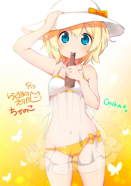 Anime picture 724x1024 with chikanoko original papico (ice cream) uchino chika ragho no erika single tall image looking at viewer blush fringe short hair blue eyes light erotic blonde hair smile hair between eyes standing signed character names gradient background