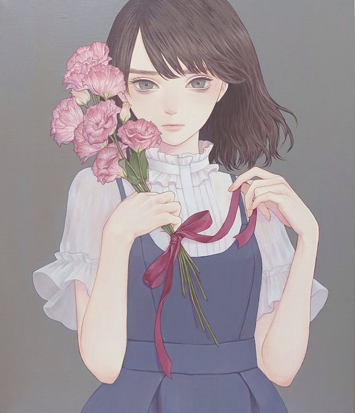 Anime picture 1365x1590 with original konno mayumi single tall image looking at viewer short hair simple background brown hair brown eyes lips grey background expressionless traditional media girl dress flower (flowers) ribbon (ribbons) bouquet blouse pinafore dress