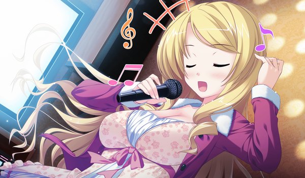 Anime picture 2048x1200 with princess evangile yamakaze ran long hair blush highres open mouth blonde hair wide image game cg eyes closed singing girl