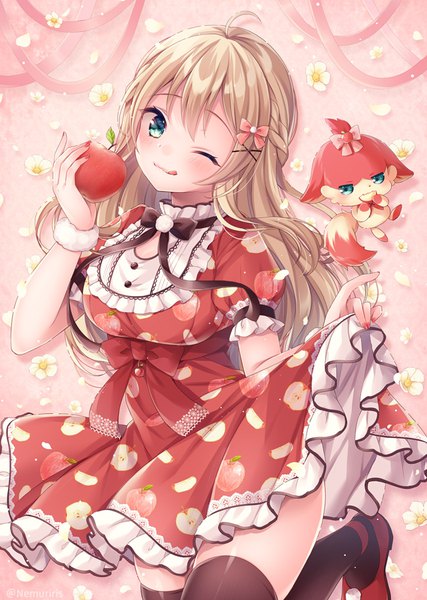 Anime picture 641x900 with virtual youtuber indie virtual youtuber ritorun (vtuber) nemuri nemu single long hair tall image looking at viewer blue eyes blonde hair holding ahoge nail polish one eye closed wink official art puffy sleeves food print girl thighhighs