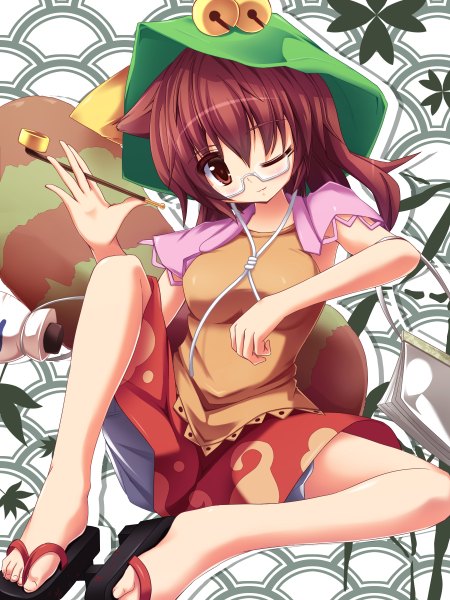 Anime picture 1800x2400 with touhou futatsuiwa mamizou liya single long hair tall image highres red eyes brown hair animal ears animal tail one eye closed wink girl dress glasses leaf (leaves) bell jingle bell pipe
