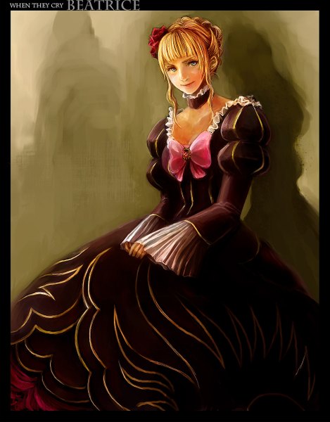 Anime picture 1002x1281 with umineko no naku koro ni beatrice tsuyomaru single tall image looking at viewer blue eyes blonde hair smile border girl dress hair ornament